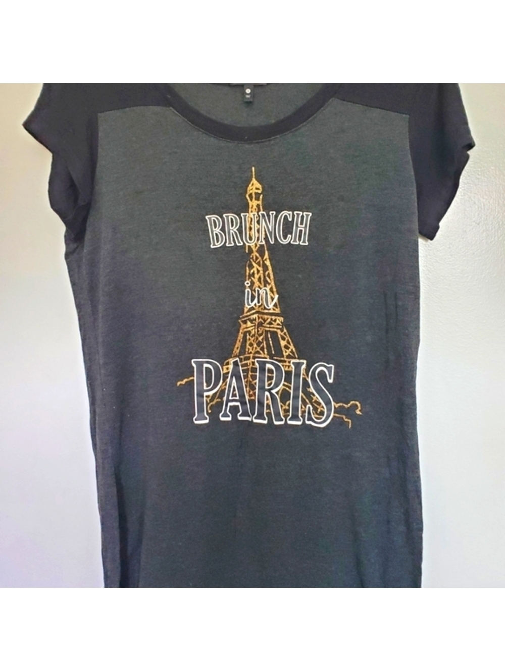 Tart Women's Black Pajama Dress with Gold Eiffel Tower Design, Size Small